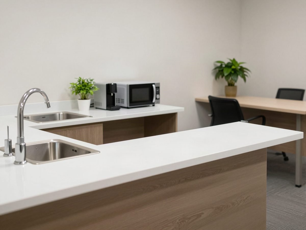 Clean office break room with wiped counters, sink and microwave, a daily zone on a commercial cleaning checklist