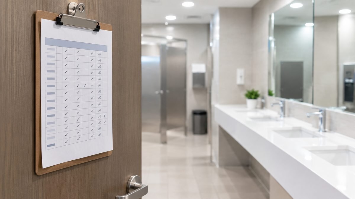 Restroom cleaning checklist on a clipboard hanging inside a clean office restroom with a column for date and initials