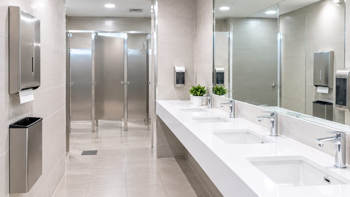 What is commercial cleaning for a small business: a clean office restroom with spotless sinks and stocked dispensers